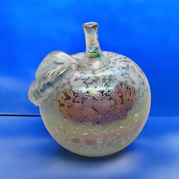 Apple Paperweight-Iridescent Art Spatter Glass-White-Opalescent-Blown-Vintage - Picture 7 of 7